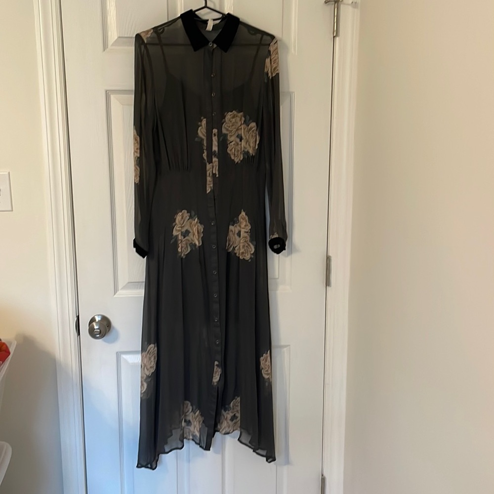 Free People Black Sheer Midi Dress with Beige Floral Accents